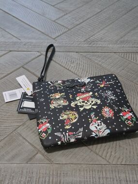 Ed Hardy Black Wristlet Pouch Rhinestone Multicolor Tattoo Prints